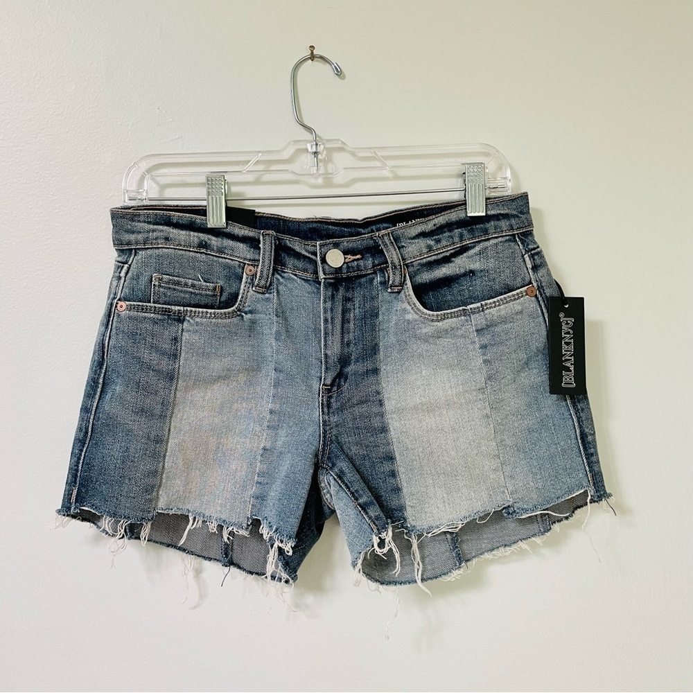 BlankNYC Essex Jean Shorts 27 NWT Midtown Madness Denim Paneled Patchwork Frayed - Picture 2 of 9